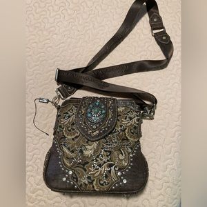 Montana West Brown Paisley  Rhinestone Studs Turquoise Stoned Buckle Crossbody
